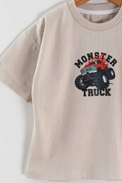 Bej (3-10 Yaş) Monster Truck Baskılı Oversize Erkek Çocuk Tişört 469016