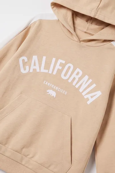 Bej (3-10 Yaş)California Baskılı Kanguru Cepli Kapüşonlu Taytlı Kız Çocuk Takım 486366