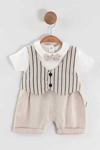 Bej (3-12 Ay) Dik Çizgili Papyonlu Çıtçıtlı Düğmeli Erkek Bebek Salopet 468810