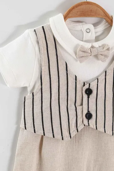Bej (3-12 Ay) Dik Çizgili Papyonlu Çıtçıtlı Düğmeli Erkek Bebek Salopet 468810