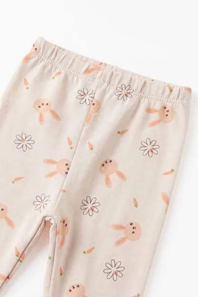Bej (3-12 Ay) Little Rabbit Baskılı Penye Kız Bebek Pijama Takım 500323