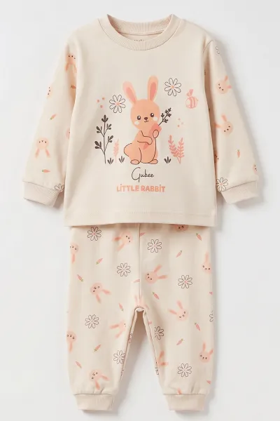 Bej (3-12 Ay) Little Rabbit Baskılı Penye Kız Bebek Pijama Takım 500323