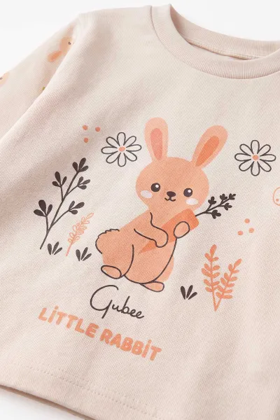 Bej (3-12 Ay) Little Rabbit Baskılı Penye Kız Bebek Pijama Takım 500323
