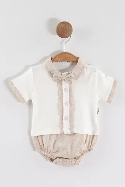 Bej (3-12 Ay) Papyon Düğmeli Çıtçıtlı Erkek Bebek Badi 468790