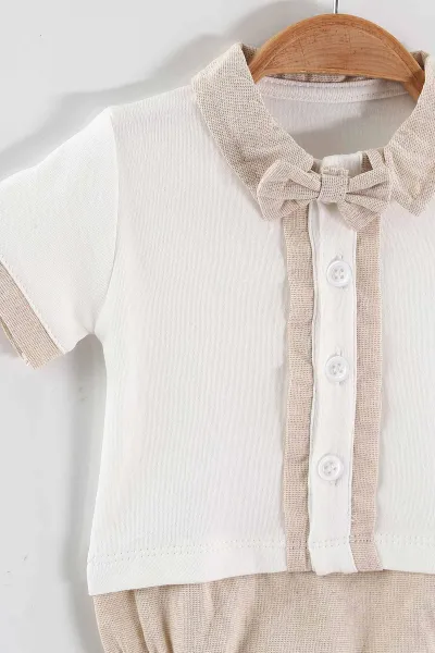 Bej (3-12 Ay) Papyon Düğmeli Çıtçıtlı Erkek Bebek Badi 468790