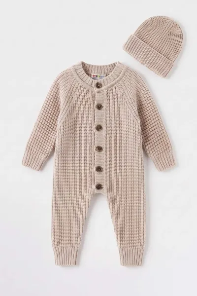 Bej (3-12 Ay) Selanik Örgülü Dikişsiz Şapkalı Triko  Bebek Tulum 474368
