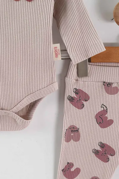 Bej (3-12 Ay)Nakışlı Fitilli Çıtçıtlı Badili Kız Bebek Takım 468673