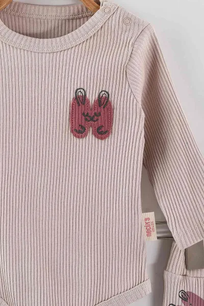 Bej (3-12 Ay)Nakışlı Fitilli Çıtçıtlı Badili Kız Bebek Takım 468673