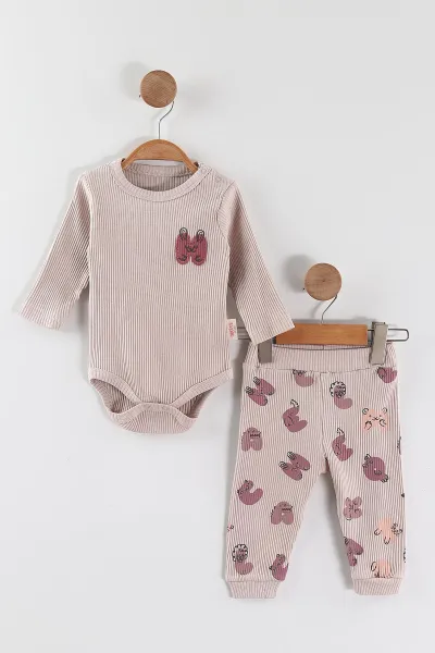 Bej (3-12 Ay)Nakışlı Fitilli Çıtçıtlı Badili Kız Bebek Takım 468673