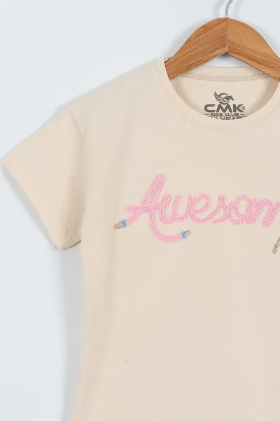 Bej (3-12 Yaş)Awesome Nakışlı   Kız Çocuk Kısa Kol Tişört 354003