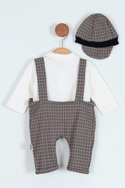 Bej (3-15 Ay) Papyonlu Ayı Nakışlı İkili Erkek Bebe Salopet 220548
