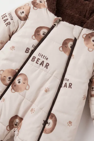 Bej (3-18 Ay)  Little Bear Desenli İçi Kürklü Çıkarılabilir Patik ve Eldivenli Kapüşonlu Bebek Kozmonot Astronot Tulum 496427