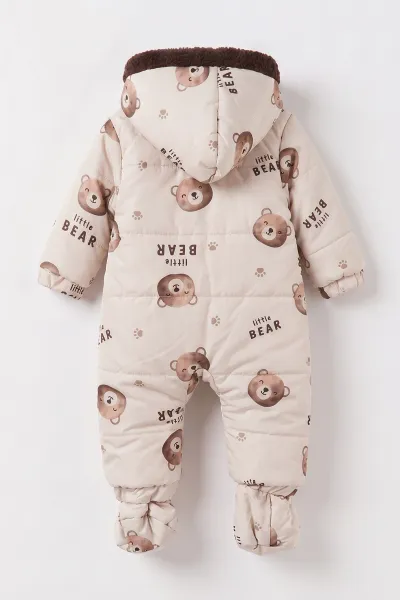 Bej (3-18 Ay)  Little Bear Desenli İçi Kürklü Çıkarılabilir Patik ve Eldivenli Kapüşonlu Bebek Kozmonot Astronot Tulum 496427