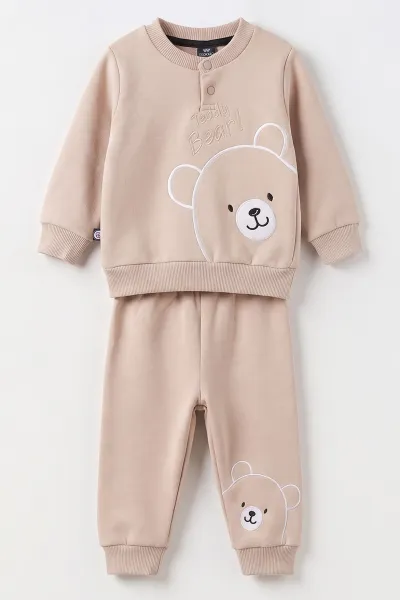 Bej (3-24 Ay) Teddy Bear  Nakışlı  3 İp Şardonlu Erkek Bebek Kışlık Takım 495596