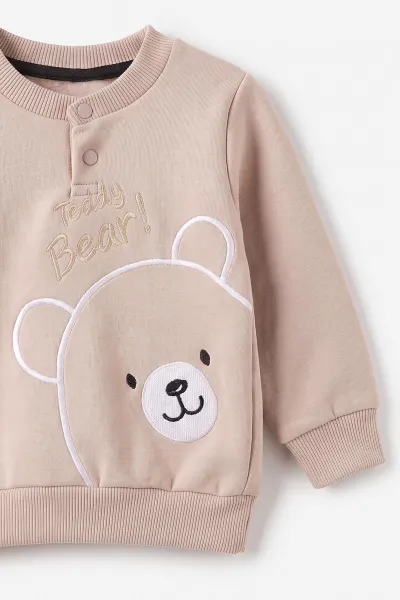 Bej (3-24 Ay) Teddy Bear  Nakışlı  3 İp Şardonlu Erkek Bebek Kışlık Takım 495596