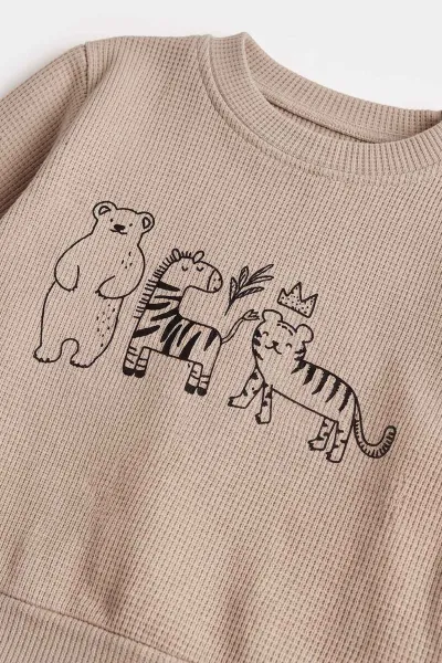 Bej (3-24 Ay)Sevimli Hayvanlar Baskılı Waffle  Erkek Bebek  Takım 483880