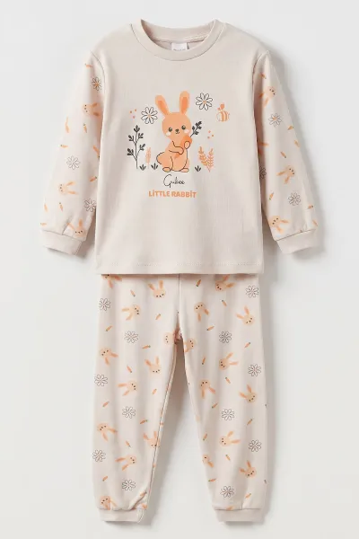 Bej (3-6 Yaş ) Little Rabbit Baskılı Penye Kız Çocuk  Pijama Takım 500337