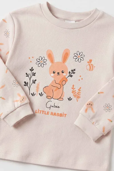 Bej (3-6 Yaş ) Little Rabbit Baskılı Penye Kız Çocuk  Pijama Takım 500337