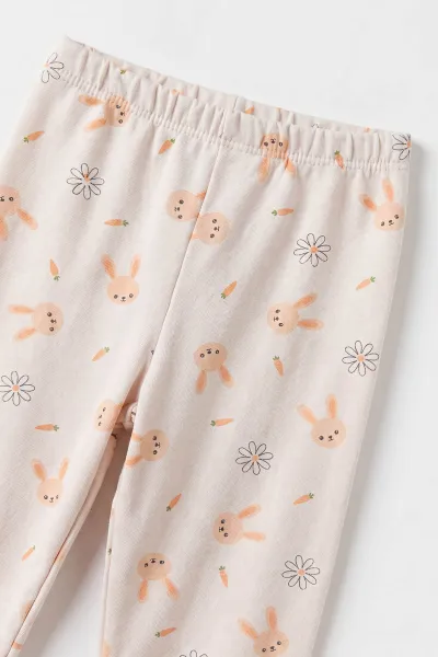 Bej (3-6 Yaş ) Little Rabbit Baskılı Penye Kız Çocuk  Pijama Takım 500337