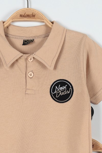 Bej (3-6 Yaş) New Duds Nakışlı Yakalı Düğme Detaylı Erkek Bebe Takım 183590