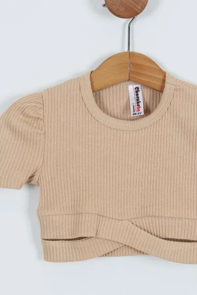 Bej (3-7 Yaş) Crop Fitilli Kız Çocuk Takım 265334