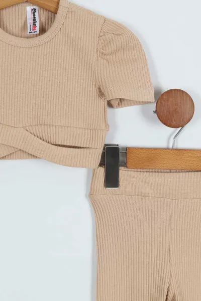 Bej (3-7 Yaş) Crop Fitilli Kız Çocuk Takım 265334