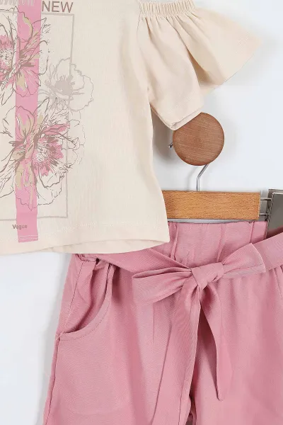 Bej (3-7 Yaş) Fashion Baskılı Açık Omuz Detaylı Kemerli Şortlu Kız Çocuk Yazlık Takım 361717