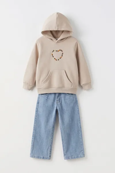 Bej (4-12 Yaş) 3 İplik Şardonlu Sweatshirt Kot Pantolon Kız Çocuk İkili Takım 497600