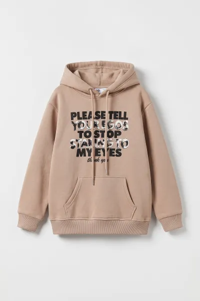 Bej (4-12 Yaş) Baskılı Kapüşonlu ve Kanguru Cepli  3 İp Şardonlu Erkek Çocuk Sweatshirt 496862
