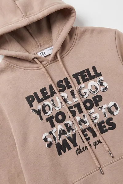 Bej (4-12 Yaş) Baskılı Kapüşonlu ve Kanguru Cepli  3 İp Şardonlu Erkek Çocuk Sweatshirt 496862
