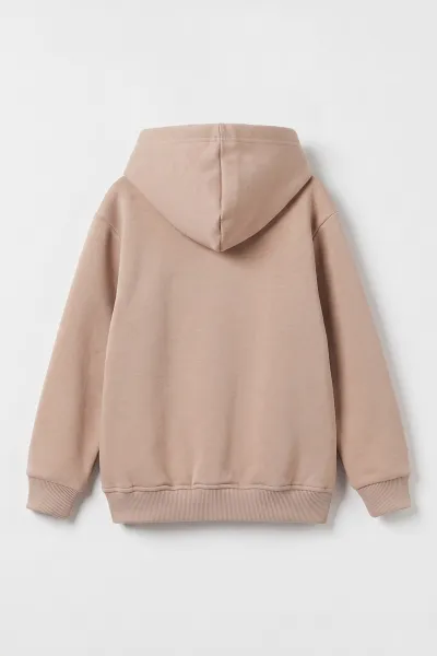 Bej (4-12 Yaş) Baskılı Kapüşonlu ve Kanguru Cepli  3 İp Şardonlu Erkek Çocuk Sweatshirt 496862