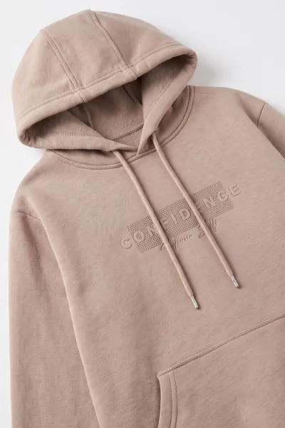 Bej (4-12 Yaş) Confidence Kabartma Baskılı Kapüşonlu ve Kanguru Cepli 3 İp Şardonlu Erkek Çocuk Sweatshirt 497751