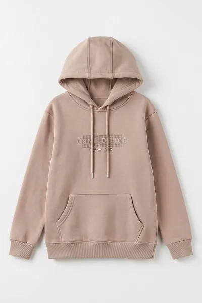Bej (4-12 Yaş) Confidence Kabartma Baskılı Kapüşonlu ve Kanguru Cepli 3 İp Şardonlu Erkek Çocuk Sweatshirt 497751