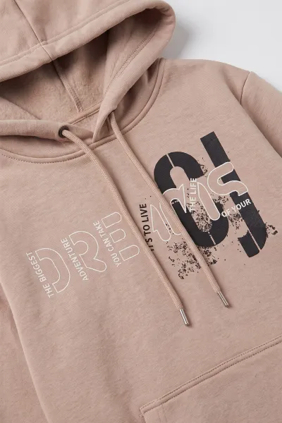 Bej (4-12 Yaş) Dreams Baskılı Kapüşonlu ve Kanguru Cepli  3 İp Şardonlu Erkek Çocuk Sweatshirt 496867