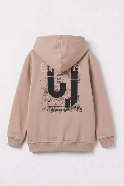 Bej (4-12 Yaş) Dreams Baskılı Kapüşonlu ve Kanguru Cepli  3 İp Şardonlu Erkek Çocuk Sweatshirt 496867