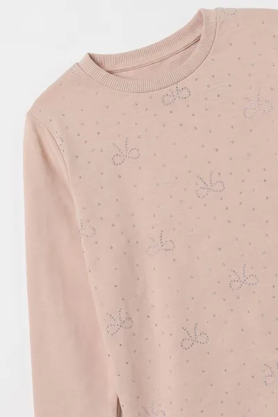 Bej (4-12 Yaş) Fiyonk Taş Baskılı İçi Şardonlu Kız Çocuk Sweatshirt 498566