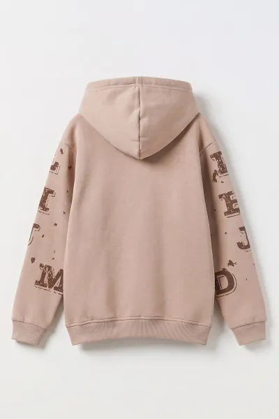Bej (4-12 Yaş) Nakışlı Kapüşonlu ve Kanguru Cepli  3 İp Şardonlu Erkek Çocuk Sweatshirt 496873