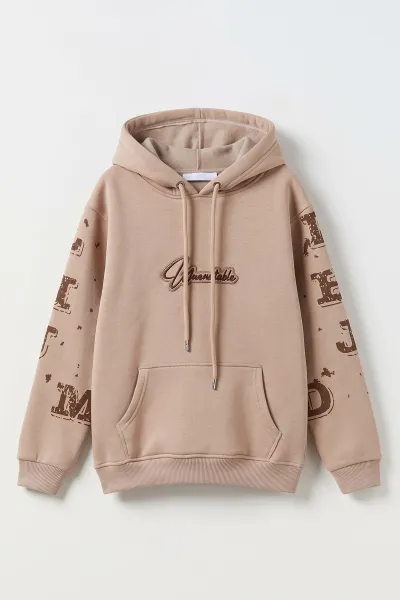 Bej (4-12 Yaş) Nakışlı Kapüşonlu ve Kanguru Cepli  3 İp Şardonlu Erkek Çocuk Sweatshirt 496873
