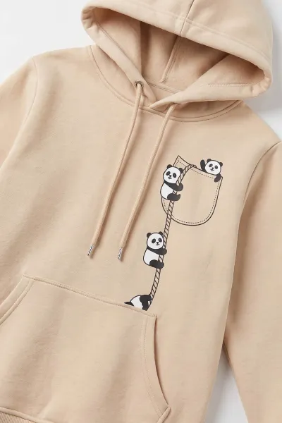 Bej (4-12 Yaş) Panda Baskılı Kapüşonlu ve Kanguru Cepli 3 İp Şardonlu  Kız Çocuk Sweatshirt 497533