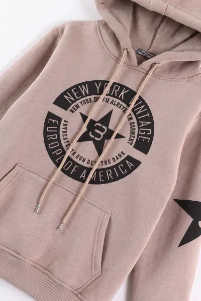 Bej (4-12 Yaş) Yazı Baskılı Kanguru Cepli ve Kapüşonlu 3 İp Şardonlu Erkek Çocuk Sweatshirt 497748