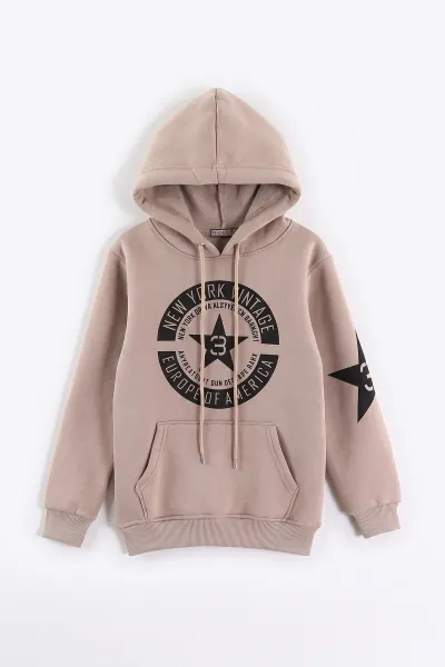 Bej (4-12 Yaş) Yazı Baskılı Kanguru Cepli ve Kapüşonlu 3 İp Şardonlu Erkek Çocuk Sweatshirt 497748