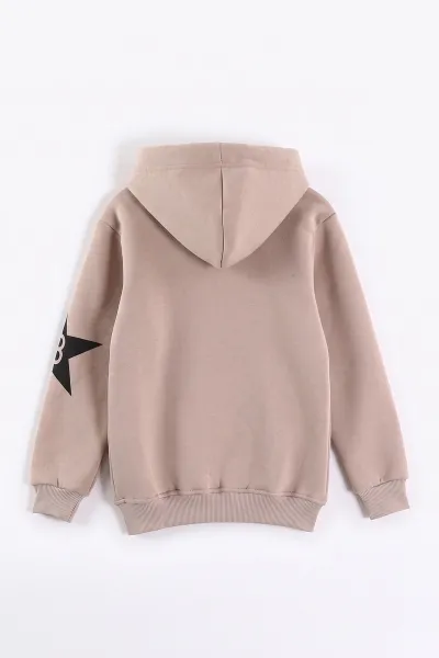 Bej (4-12 Yaş) Yazı Baskılı Kanguru Cepli ve Kapüşonlu 3 İp Şardonlu Erkek Çocuk Sweatshirt 497748