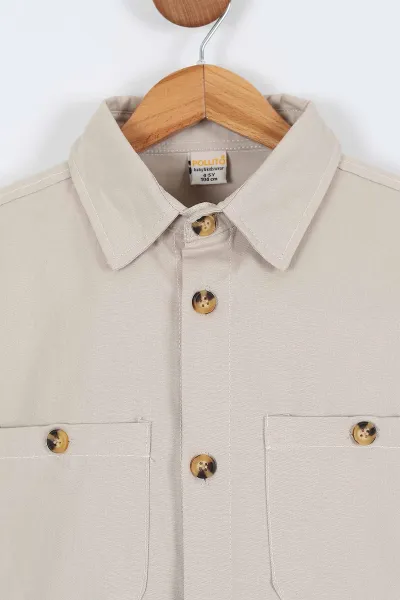 Bej (5-14 Yaş) Çift Cepli Oversize Kalıp Erkek Çocuk Gabardin Gömlek 323434