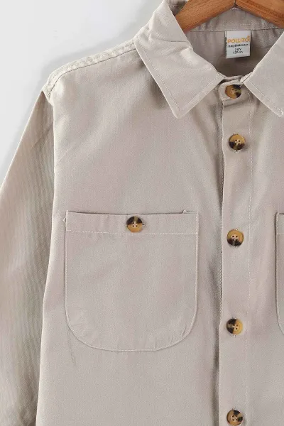 Bej (4-13 Yaş)  Çift Cepli Oversize Kalıp Erkek Çocuk Gabardin Gömlek 442186