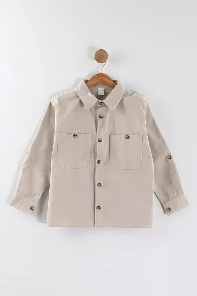 Bej (4-13 Yaş)  Çift Cepli Oversize Kalıp Erkek Çocuk Gabardin Gömlek 442186