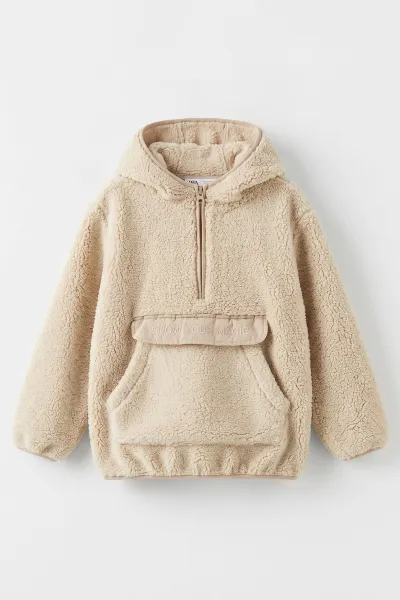 Bej (4-8 Yaş) Nakışlı Kapüşonlu Kanguru Cepli Yarım Fermuarlı Kuzu Kız &Bebek Çocuk Sweatshirt 496559