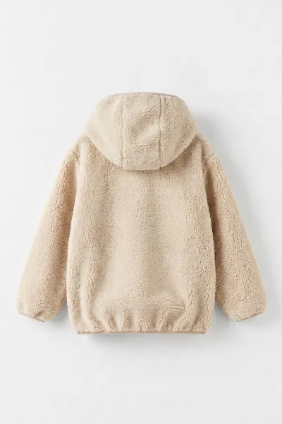 Bej (4-8 Yaş) Nakışlı Kapüşonlu Kanguru Cepli Yarım Fermuarlı Kuzu Kız &Bebek Çocuk Sweatshirt 496559