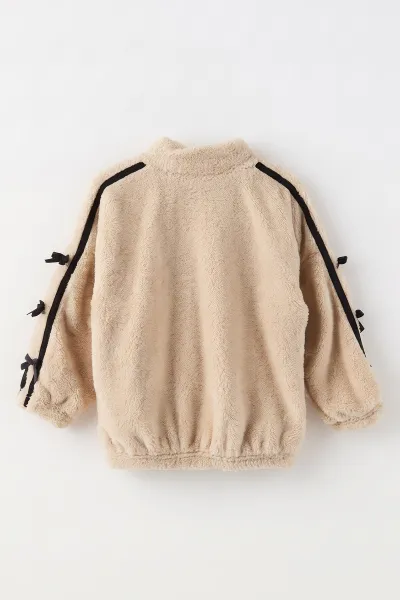 Bej (5-11 Yaş) Kolları Biyeli Fiyonk Detaylı Peluş Kız Çocuk Hırka 497872