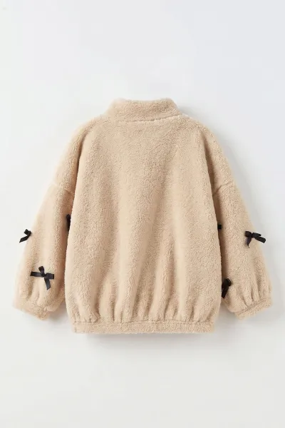 Bej (5-11 Yaş)Kolları Fiyonklu Peluş Kız Çocuk Hırka 498322