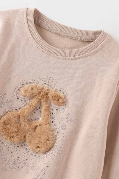 Bej (5-13 Yaş) Kiraz Nakışlı Taşlı  İçi Şardonlu Kız Çocuk Sweatshirt 487443